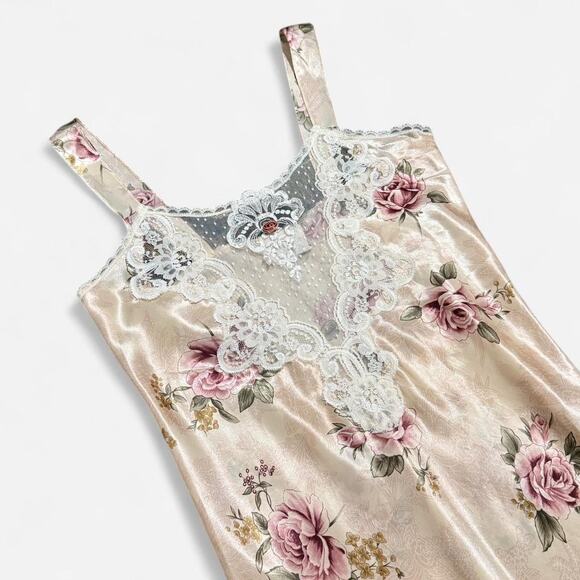 VTG 90s California Dynasty Beige & Pink Floral Satin Lace Rosette Maxi Slip M - Picture 7 of 8